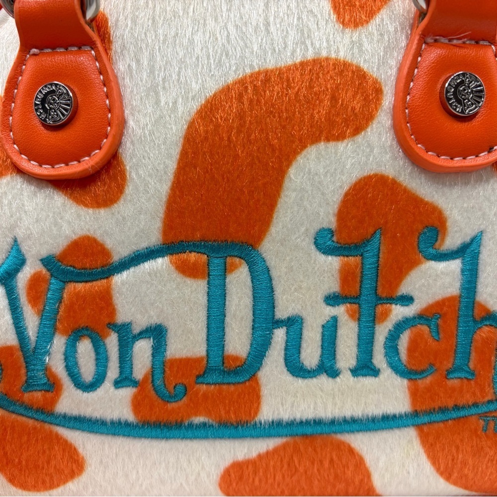 Von Dutch Orange & White Cowprint Mini Satchel with Teal Logo - Picture 3 of 4